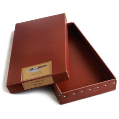 Our A G Hendy & Co branded boxes are constructed from vulcanized cardboard and have an internal aluminium frame and rivets for extra rigidity. They were originally made for a well-known central London museum in the 1950s to be used as archive boxes.