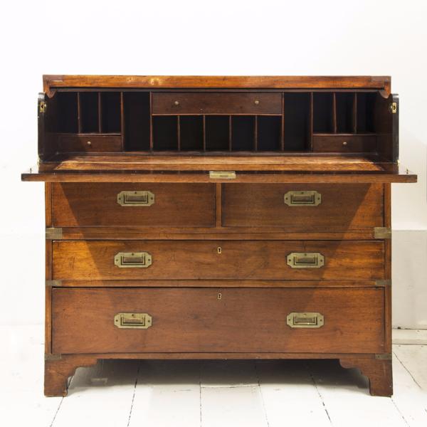 A very rare and important antique Regency colonial two-part campaign secretaire chest of drawers that was once the property of the US Embassy.