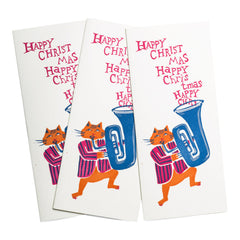We have sourced a small quantity of these very rare original vintage hand block-printed Christmas cards. Design no.13, a cat playing a tuba, was designed by Robert Lobley and printed at The Magpie Press in the 1960s. This beautiful handmade card is unique to our store and is the ideal Christmas gift in itself - no one else will have one!