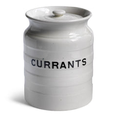 A handsome 1920s ironstone food canister with lid, banded body, and striking "Currants" typeface - and it is in wonderful condition.