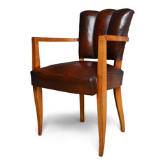 We have three of these wonderful French leather bridge chairs, and all matching; each with a fluted rib back and tapering beech legs. Beautiful deep-toffee colour and patination to the original leather, and newly re-seated.