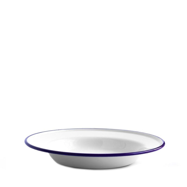 White enamel plates and bowls with blue rim A G Hendy & Co Homestore