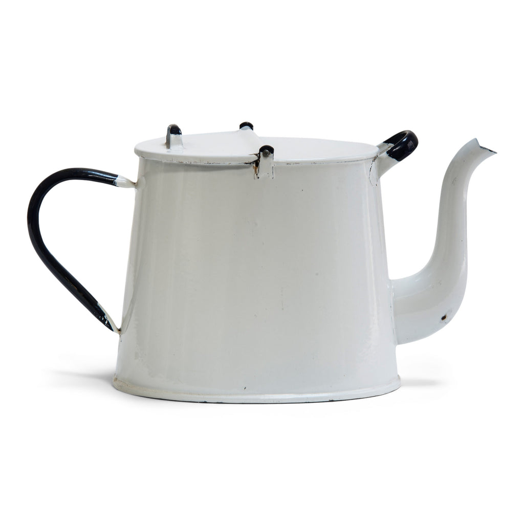 A striking white enamel water can with hinged lid, front support handle, and dark navy-blue enamel detailing.  Once used to carry hot water for washing, it would make an excellent watering can for your houseplants - and is good-looking enough to be left alongside your indoor plants when not in use.