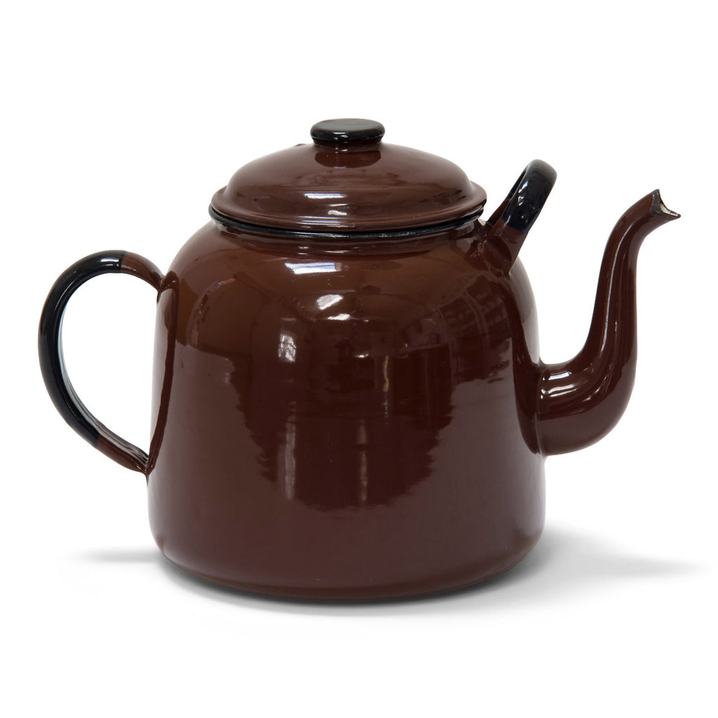 A handsome large brown enamel teapot, canteen size, and capable of delivering around 16 cups of tea.  Enamel teapots deliver a damn fine brew. Year of manufacture: c.1960 Origin: Poland Material: enamelware Diameter 22cm Diameter from handle to spout 32.5cm Height 23cm Condition: clean inside with slight nick to spout