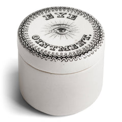 A rare Antique Edwardian ironstone eye ointment pot with over-glazed transfer print of an eye, "Eye Ointment" and a decorative border - and in immaculate condition.