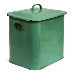A very pleasing 1930s rectangular green enamel bread bin with rounded corners and original lid. The handles are tipped in black enamel.