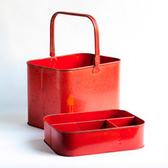 A fabulous vintage housekeeper's tidy manufactured by the famous Tala brand and most likely dating to the 1930s. It has its original orange-red paint, internal tray and a pivoting handle. The underside of its base is stamped "Tala Made In England".