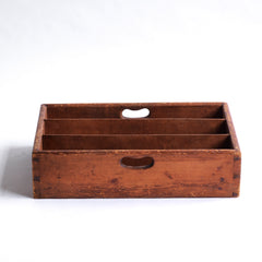 A well proportioned polished-pine housekeeper's cutlery tidy with twin integrated curved-grip handles, dove-tail corners, and a lovely time-worn patina.