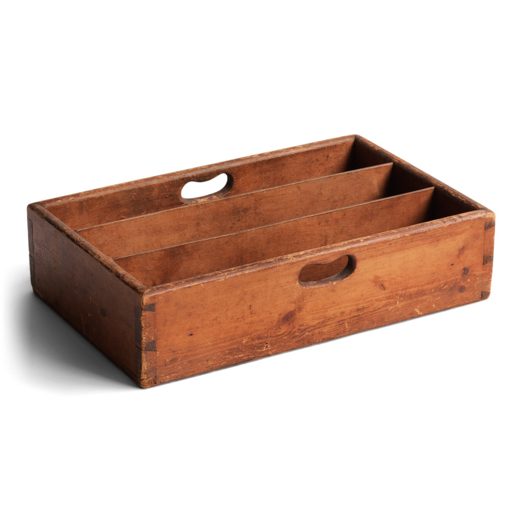 A well proportioned polished-pine housekeeper's cutlery tidy with twin integrated curved-grip handles, dove-tail corners, and a lovely time-worn patina.