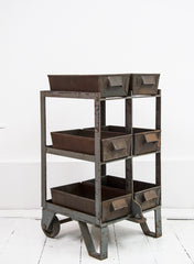 Industrial storage unit with six bins on a toughened steel frame on wheels