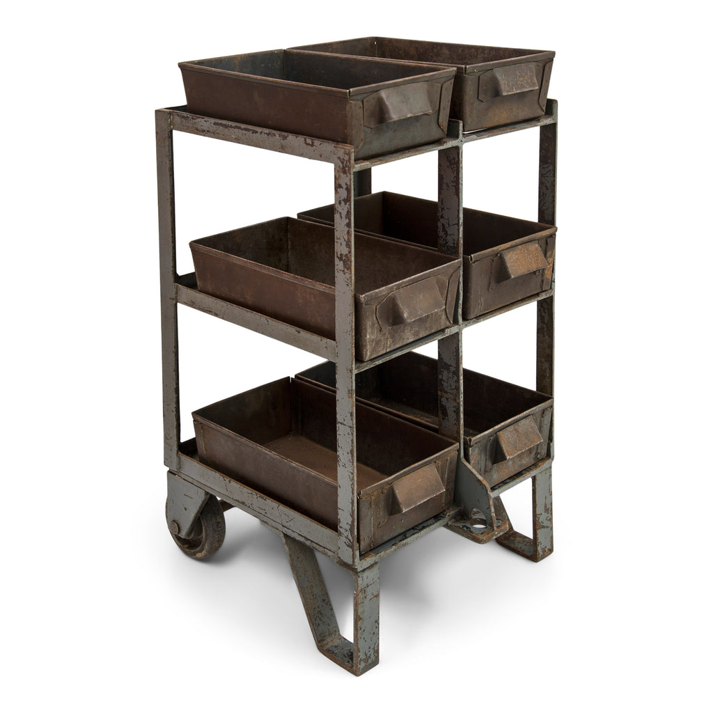 Industrial storage unit with six bins on a toughened steel frame on wheels