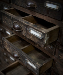 Detail of cup handles on a bank of antique bank of workshop drawers.