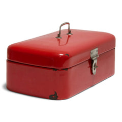 A striking scarlet red enamel bread box with hinged lid, carrying handle and fastening hasp. The hinges, handle and hasp are all nickel plated, and the interior of the box is finished in white enamel.