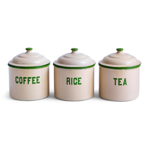 Set of three 1930s enamel storage canisters