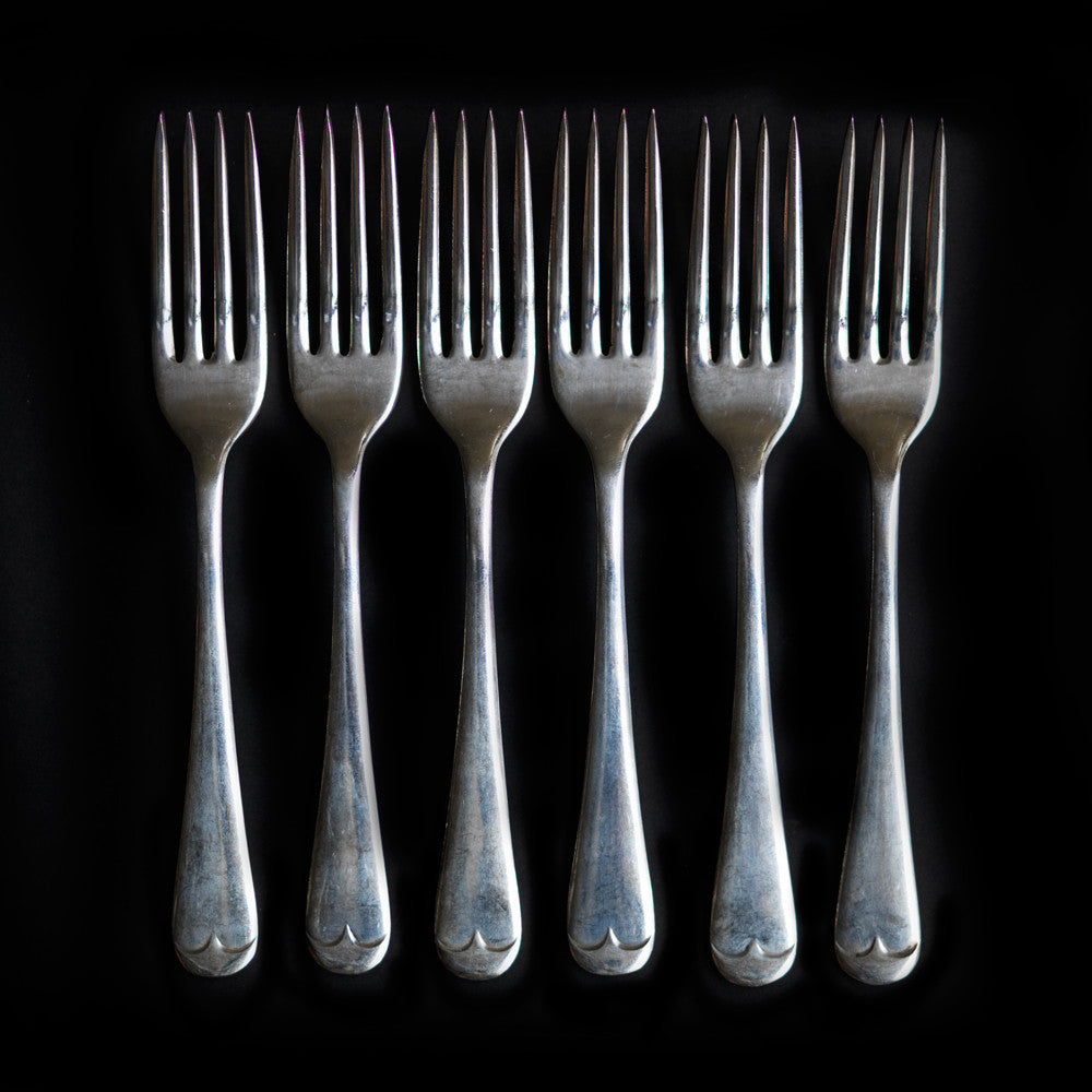 A set of 6 vintage silver-plated side forks or dessert forks.