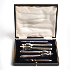 A good boxed set of vintage silver-plated nut crackers and nut picks.  Our vintage silver-plated EPNS (electro-plated nickel silver) nut crackers and picks are both good-looking and functional, and their renewed popularity make them a cool addition on today’s table. Length of nut crackers 14cm Country of origin: UK Date of manufacture: c.1930 Material: EPNS (electro-plated nickel silver) Condition: pristine - probably never used.