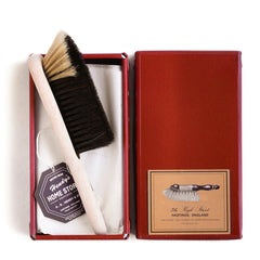 A traditional bannister brush, also known as a dustpan brush, and handmade in the UK by one of our last surviving brush makers. Crafted from beechwood and two-tone horsehair, the splayed bristles are designed to coax dirt from awkward spaces. Shown here in one of our gift boxes.