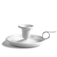 A classic white enamel candle holder with drip-tray and handle.  