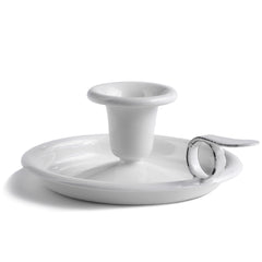 A classic white enamel candle holder with drip-tray and handle