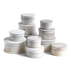 Our collection of Victorian ironstone paste pots with lids were recently dug from a Lancashire Victorian dump. Their century below ground has dealt them beautiful coloration and crazing to their glaze. Now purged of dirt and chemically cleaned, they are fit for purpose again, and make wonderful butter or sea salt holders for the table. Grouped together, they're stunning.