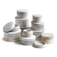 Our collection of Victorian ironstone paste pots with lids would have been originally used in nineteenth century counter-service food stores, and in chemists and dispensaries for beauty products.