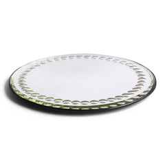 A large and very striking late 19th century tabletop circular mirror with a border of convex fish-eye inclusions, a bevelled edge and a fine metal trim. It has a cream painted back and stands of on three bun feet.