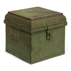 An antique Victorian spice tin with a chamfered stepped lid, original green painted finish, twin handles and hasp.