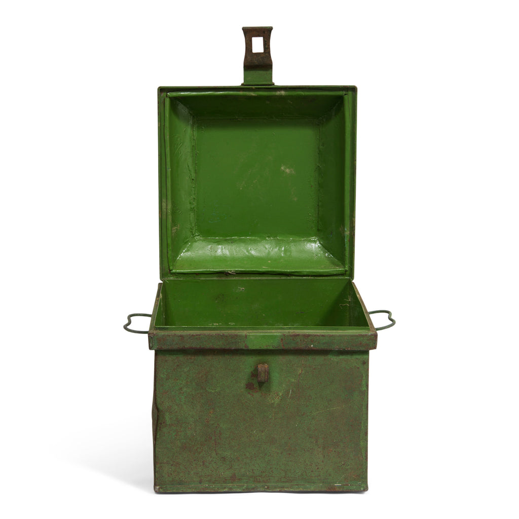 An antique Victorian spice tin with a chamfered stepped lid, original green painted finish, twin handles and hasp.