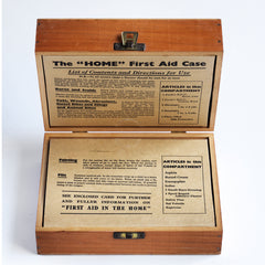 A super cute 1930s first aid box by Boots the Drug Co Ltd - now known as Boots the chemist - and it is complete with internal printed card divisions and contents. The plywood top is stencilled "The Home First Aid Case, Boots", it has a front clasp, and has been barely used.  The condition is wonderful.