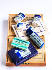A super cute 1930s first aid box by Boots the Drug Co Ltd - now known as Boots the chemist - and it is complete with internal printed card divisions and contents. The plywood top is stencilled "The Home First Aid Case, Boots", it has a front clasp, and has been barely used.  The condition is wonderful.