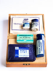 A super cute 1930s first aid box by Boots the Drug Co Ltd - now known as Boots the chemist - and it is complete with internal printed card divisions and contents. The plywood top is stencilled "The Home First Aid Case, Boots", it has a front clasp, and has been barely used.  The condition is wonderful.