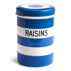 An early T G Green Cornish Kitchen Ware Raisins canister jar dating to the 1920s - 1930s. The "Raisins" is a good example of early typeface, and the jar is of a particularly large size. It bears the early Church Gresley stamp to its base and is marked "Green & Co Ltd Gresley England".