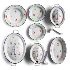 A wonderful, rare antique doll's enamel dinner service decorated with rose buds and leaf sprigs, and each piece finished with a blue trim; very much in tune with the current trend "cottage core", an aesthetic which celebrates an idealised rural life. This is part of an extensive collection of miniature enamel kitchen ware, previously owned by the late miniaturist specialist and collector extraordinaire Joan Dunk.