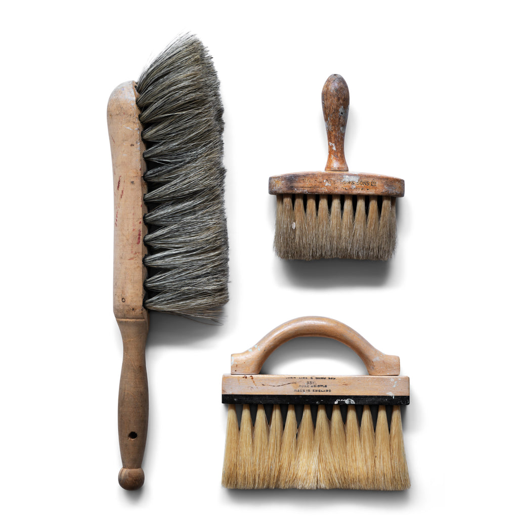 Three very tactile vintage brushes with turned wood handles, beautiful patina and all visually very pleasing: a banister brush - the perfect partner for your dustpan; a jamb duster - the brush for window frame dusting; and a carpenter's dusting brush, which also makes a great dustpan brush. All three can be used for their original use, and they also make wonderful decorative objects for the home.
