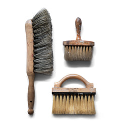 Three very tactile vintage brushes with turned wood handles, beautiful patina and all visually very pleasing: a banister brush - the perfect partner for your dustpan; a jamb duster - the brush for window frame dusting; and a carpenter's dusting brush, which also makes a great dustpan brush. All three can be used for their original use, and they also make wonderful decorative objects for the home.