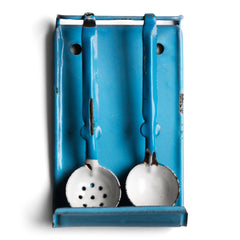 A rare and very charming miniature blue enamel utensil rack with two utensils: a scoop and a ladle. This is part of an extensive collection of miniature pale blue enamel kitchen ware, previously owned by the miniaturist specialist and collector extraordinaire Joan Dunk.