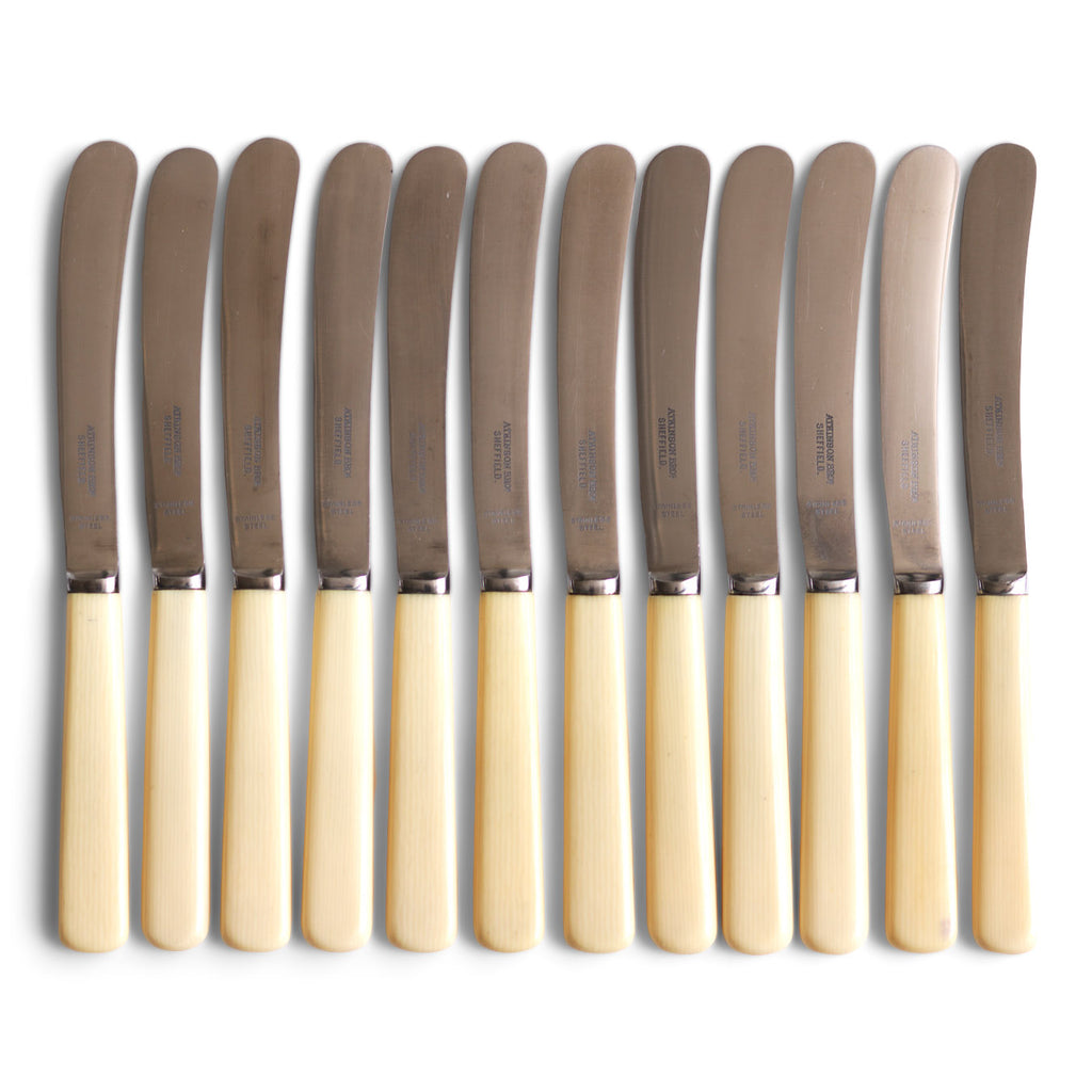 A good vintage set of 12 butter knives, each blade marked "Atkinson Bros Sheffield".