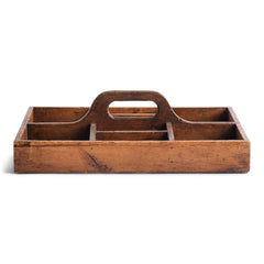 A well proportioned stained pine housekeeper's tidy with integrated handle. It could also be used to house utensils, tools, artist's materials or act as a shoe cleaning box. In fact it's totally purposeful.