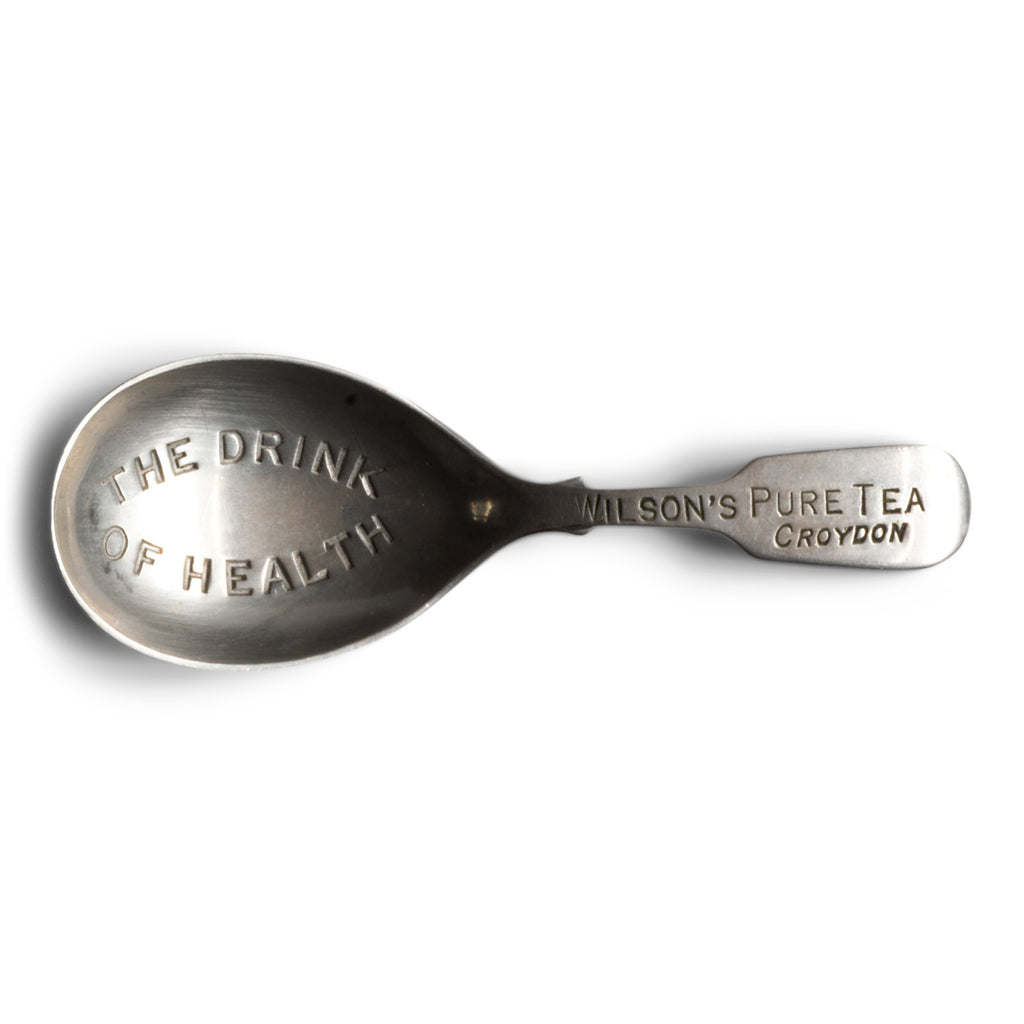 A wonderful vintage advertising tea caddy spoon with the words "The Drink Of Health"  "Wilson's Pure Tea Croydon" impressed into the nickel plated bowl and handle.