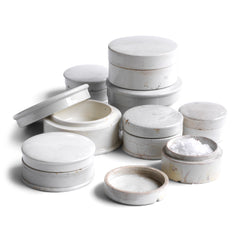Our collection of Victorian ironstone paste pots with lids would have been originally used in nineteenth century counter-service food stores, and in chemists and dispensaries for beauty products.