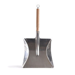 A handsome zinc coated steel dustpan with a wooden handle equipped with a useful hanging ring.  Ideal for cleaning out the hearth and for dealing with the clearing up after chores carried out around the house.