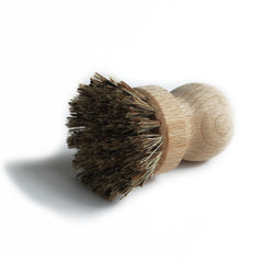 Pot brush with wooden handle and natural fibre bristle.