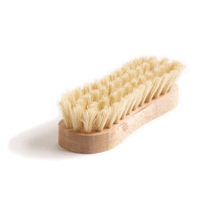 A handy small scrubbing brush with four stout rows of all-natural and tampico bristles affixed to a beech wood handle.