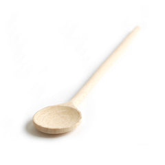 An all-natural wooden spoon with rounded head, and ideal for smaller pans.