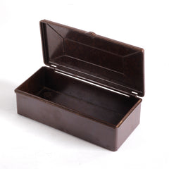 A 1930s Bakelite box with a hinged lid that has an integrated Bakelite hinge. 