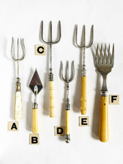 A collection of antique bread and pickle forks, along with a rare butter trowel. All have Stirling silver mounts and silver plated tines.
