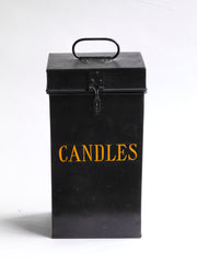 A very elegant, tall Edwardian tin with "Candles" sign-written on its front. Perfect for the storing of all your candles - and particularly if they're extra long. It has a carrying handle, a hasp, and the inside has a useful internal division.