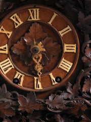 Detail of a stunning cuckoo clock, encrusted in a sleeping-beauty thicket of finely carved foliage by Johann Baptist Beha, the most prestigious of nineteenth century Black Forest clock makers. It’s early, a rarity, and few exist - and is known as model 509.