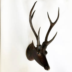 A rare and very striking deer head style trophy fashioned from papier-mâché and with reel deer antlers, that was most likely made in the 19th century in colonial India, during the days of The British Raj.