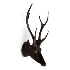 A rare and very striking deer head style trophy fashioned from papier-mâché and with reel deer antlers, that was most likely made in the 19th century in colonial India, during the days of The British Raj.